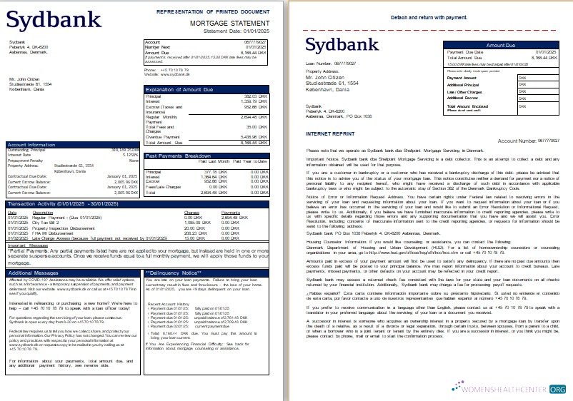 Download Denmark Sydbank bank mortgage statement, 3 pages, 1 2 scr Photoshop template